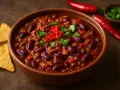 En skål med mustig chili con carne, toppad med färsk koriander och chiliskivor. Tortillachips och hela röda chilifrukter ligger bredvid.