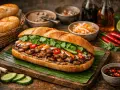 En saftig banh mi med grillat kött, färska grönsaker och koriander. Serveras med tillbehör som inlagda grönsaker och chilisås.