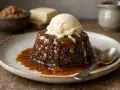 En läcker sticky toffee pudding med en kula vaniljglass och rinnande kolasås.