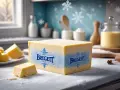 En stor bit Bregott ligger på ett snöigt köksbord. Frågan är: kan man frysa bregott? Snöflingor faller i bakgrunden.