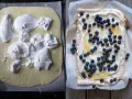 En pinocchiotårta med lemoncurd och blåbär. Till vänster, smeten med marängtoppar. Till höger, färdig tårta.