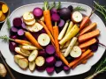 En härlig tallrik med ugnsrostade rotfrukter: morötter, potatis, rödlök och palsternacka. En perfekt rotfrukter lista för en hälsosam måltid.