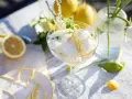 En bubblig drink med citronskal och mynta hälls upp i ett glas. Perfekt att bjuda på fika till många.