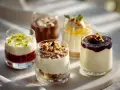 Fem olika dessert i glas, med lager av frukt, kräm och nötter. En fest för ögat och gommen.