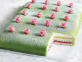 A rectangular green cake topped with powdered sugar and decorated with pink marzipan roses. A slice is cut out, revealing layers of cake, cream, and jam.