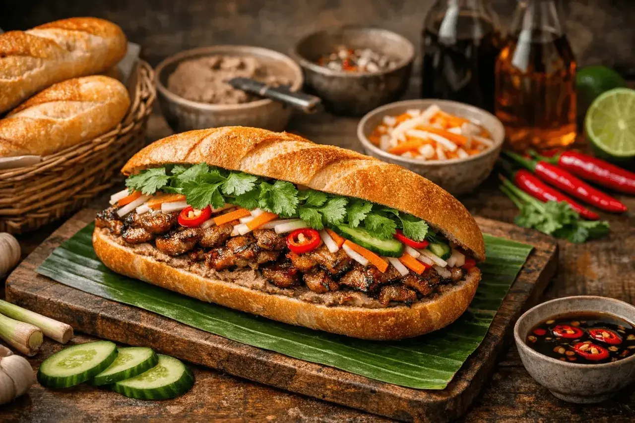 En saftig banh mi med grillat kött, färska grönsaker och koriander. Serveras med tillbehör som inlagda grönsaker och chilisås.