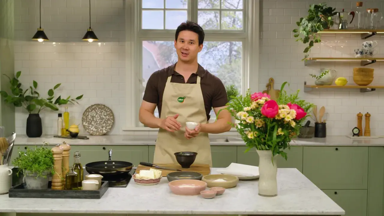 Filip Poon i köket, redo att laga mat med en bukett blommor bredvid.
