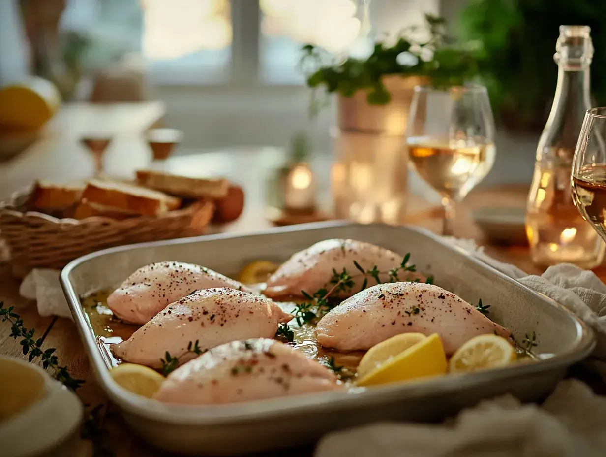 Fryst kyckling i ugnsform med citron och örter, redo att tillaga. Vinet står uppdukat för en mysig middag.