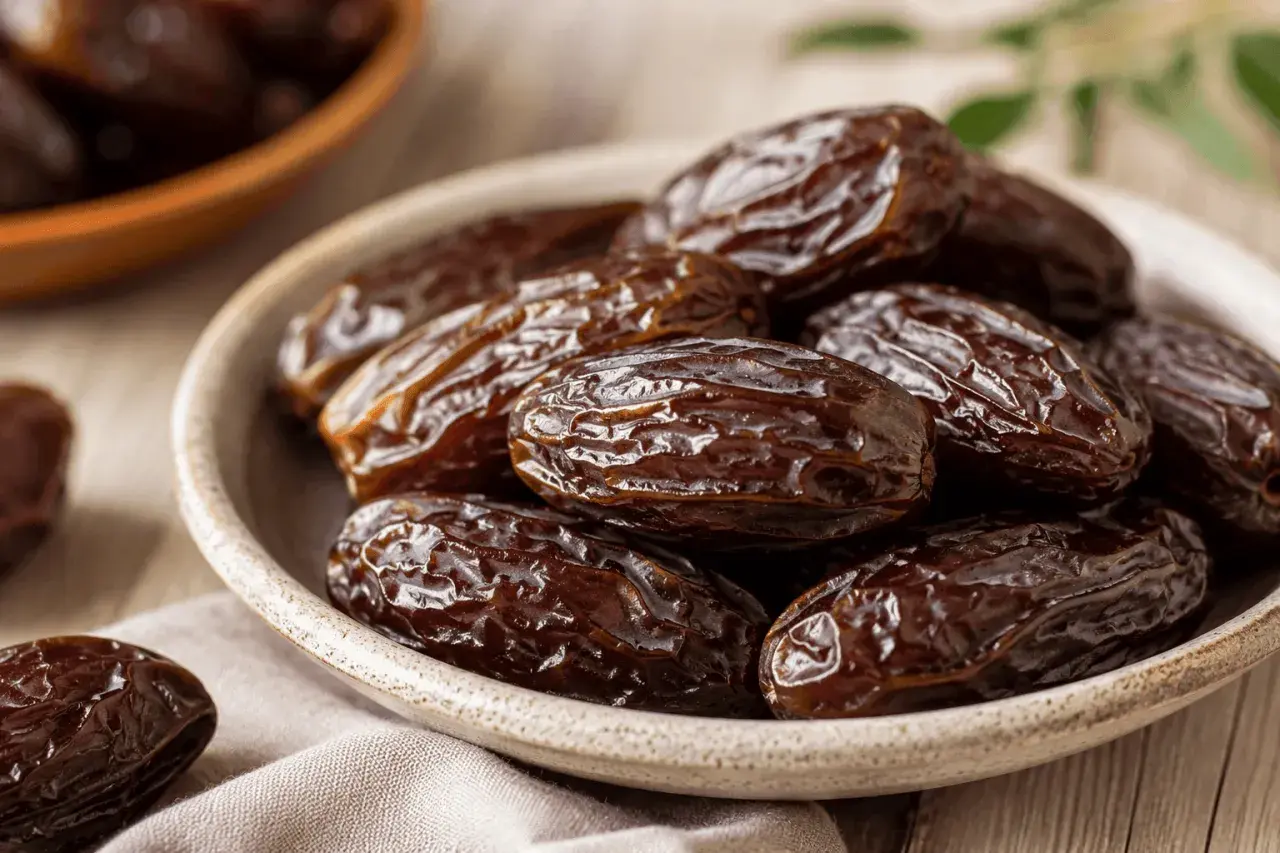 En skål med dadlar, en naturligt nyttig energikälla.