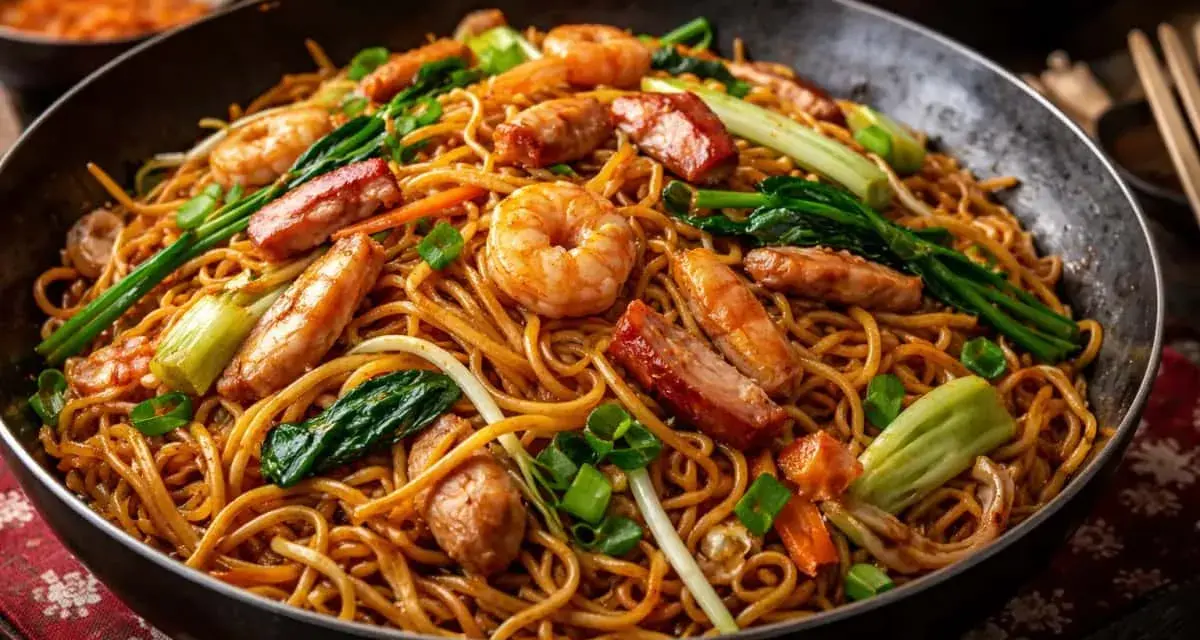 En stor panna med gyllene chow mein-nudlar, toppad med saftiga räkor, mört fläsk och krispiga grönsaker.
