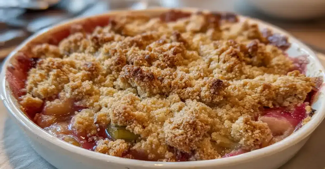 Enkel rabarberpaj med krispigt smultäcke. En härlig dessert som doftar sommar.