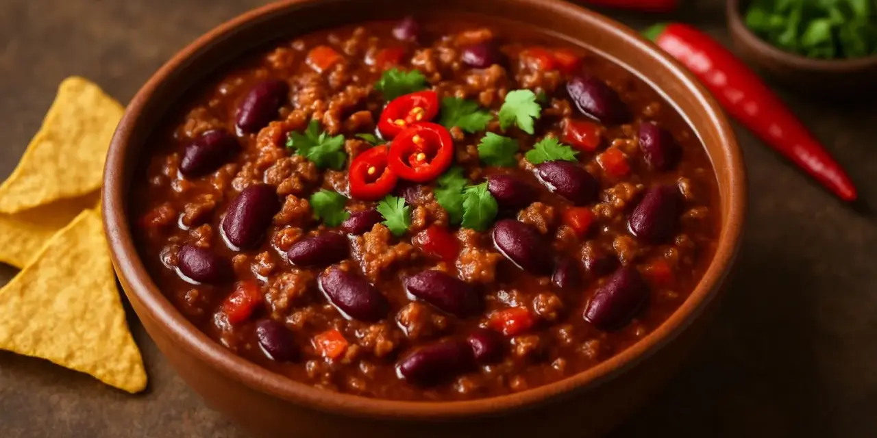 En skål med mustig chili con carne, toppad med färsk koriander och chiliskivor. Tortillachips och hela röda chilifrukter ligger bredvid.
