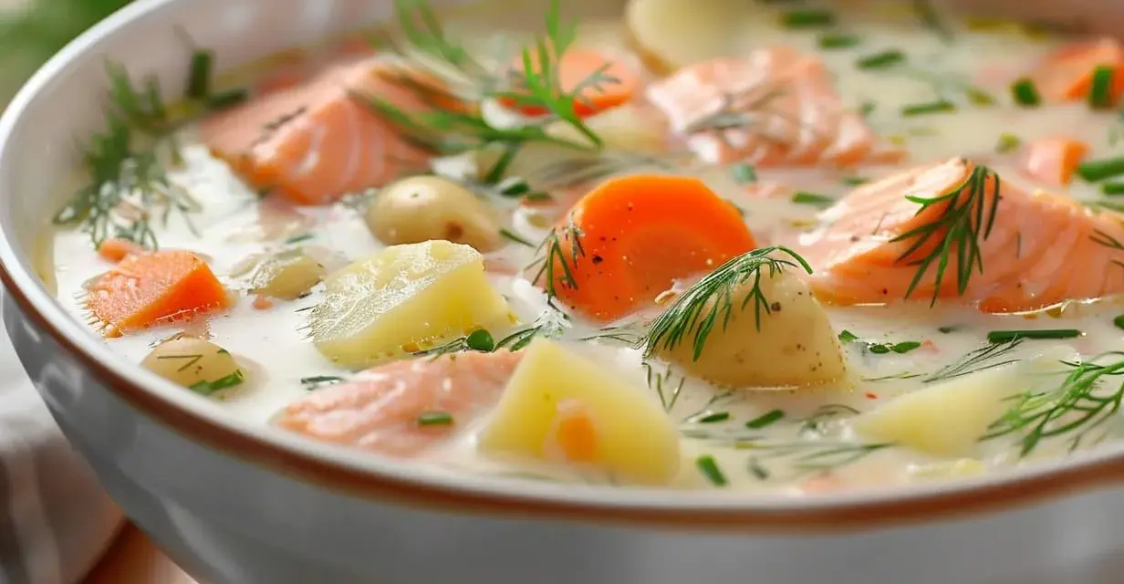 En krämig laxsoppa med potatis, morötter och dill. En härlig squashsoppa med potatis som värmer.