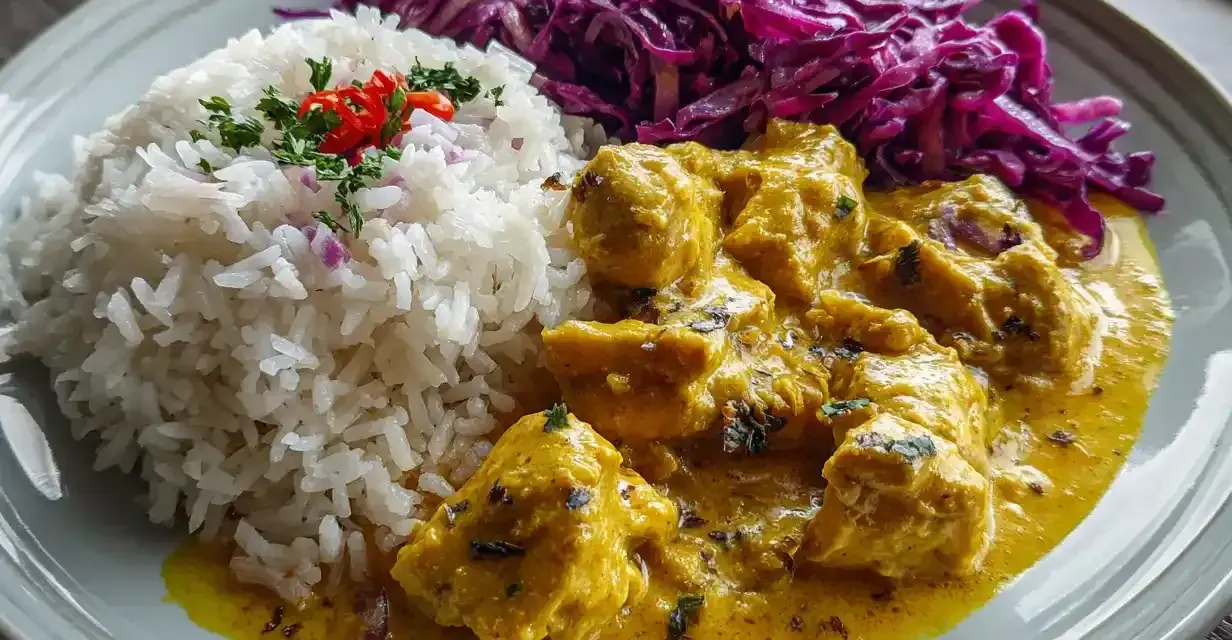 En tallrik med kyckling i en krämig currysås, ris och rödkålssallad. En härlig kyckling mango chutney-rätt.