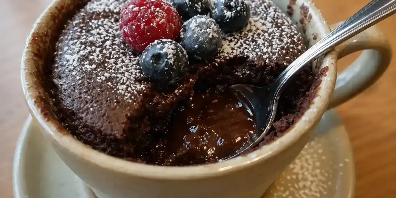 En kladdkaka i micro, toppad med bär och pudrat socker. En sked är nedsatt i den rinnande chokladen.
