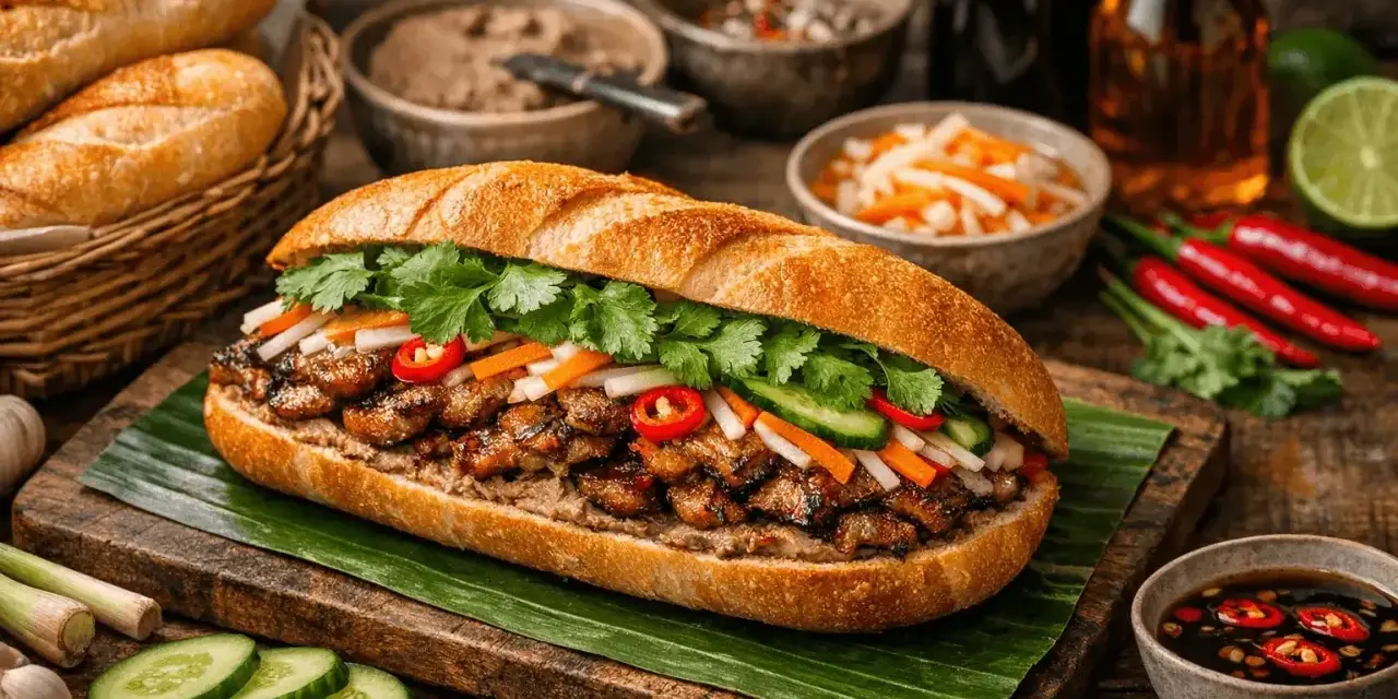 En saftig banh mi med grillat kött, färska grönsaker och koriander. Serveras med tillbehör som inlagda grönsaker och chilisås.