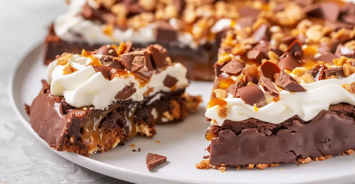 En saftig kladdkaka med fluffig grädde, kolasås och chokladbitar som topping. En dröm för alla chokladälskare!