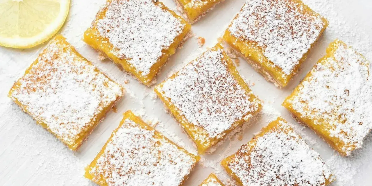 Citronkaka i långpanna, pudrad med florsocker, skuren i fyrkanter. En citronskiva syns i övre vänstra hörnet.