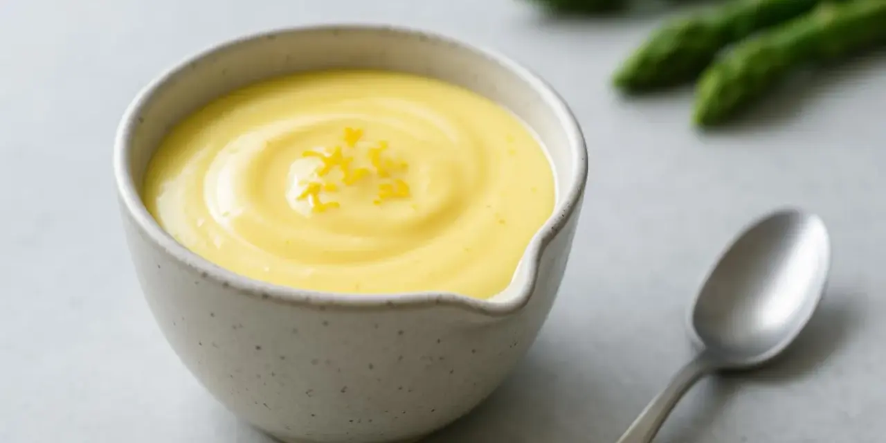 En skål med krämig hollandaisesås, garnerad med citronskal. Sparris och en sked syns i bakgrunden.