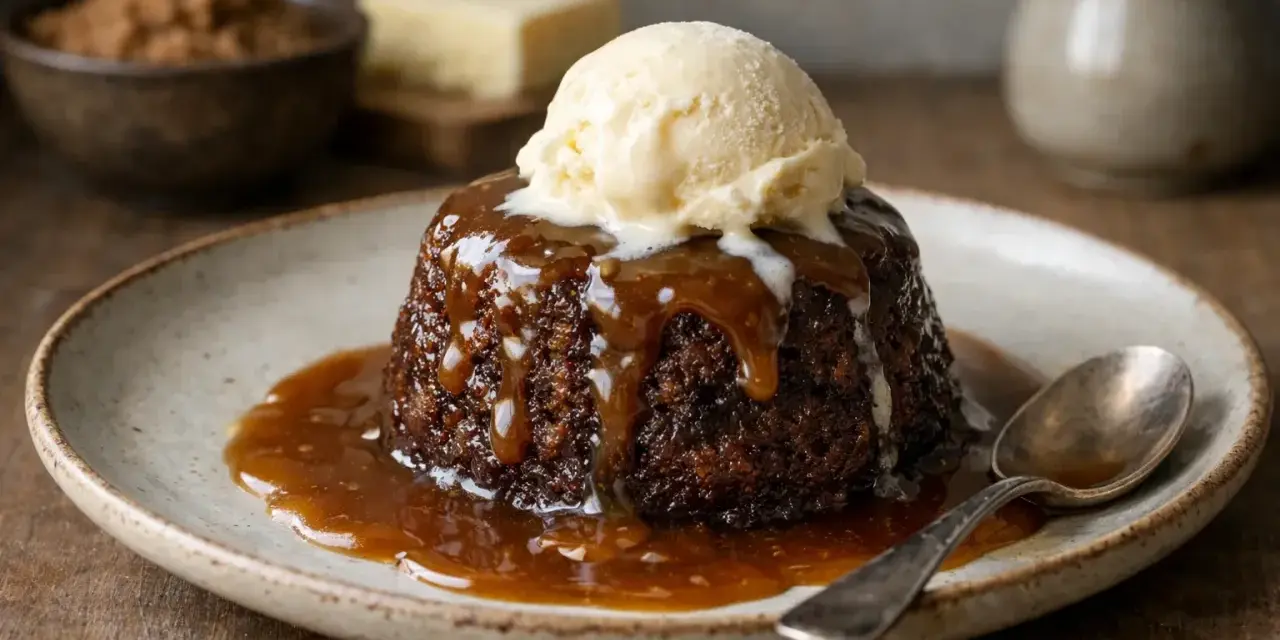 En läcker sticky toffee pudding med en kula vaniljglass och rinnande kolasås.