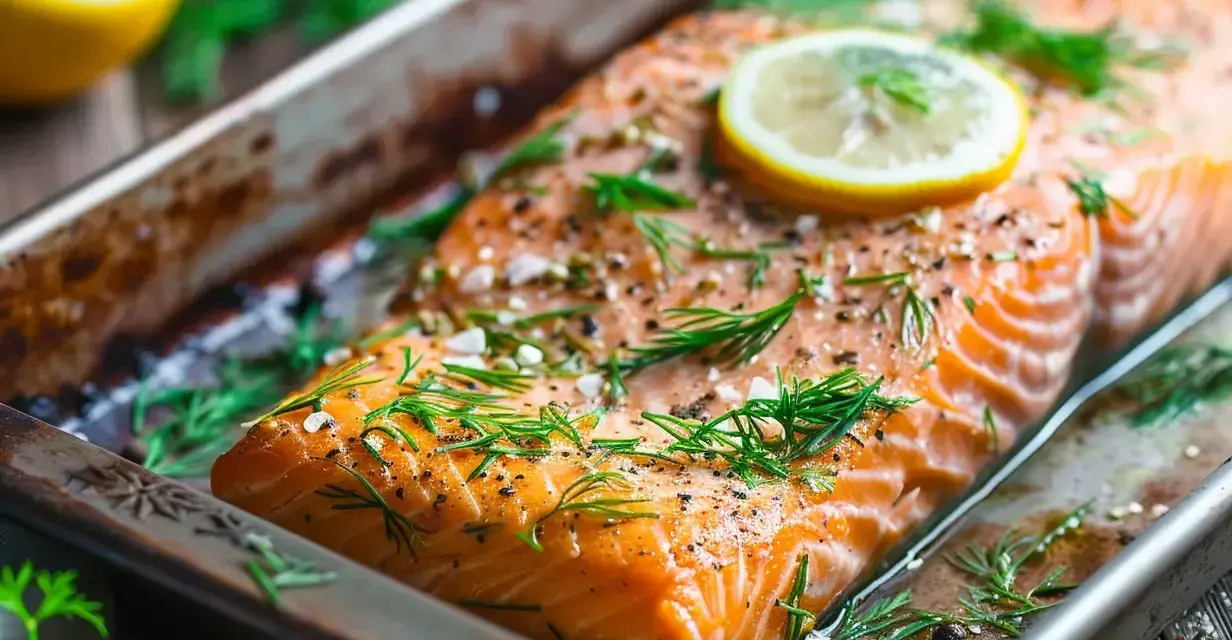 Fryst lax i ugn, kryddad med dill och citron, redo att tillagas.