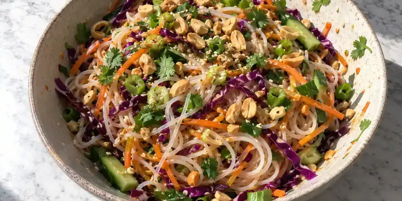 En skål med asiatisk nudelsallad med risnudlar, strimlad morot, rödkål, gurka, jordnötter och koriander.