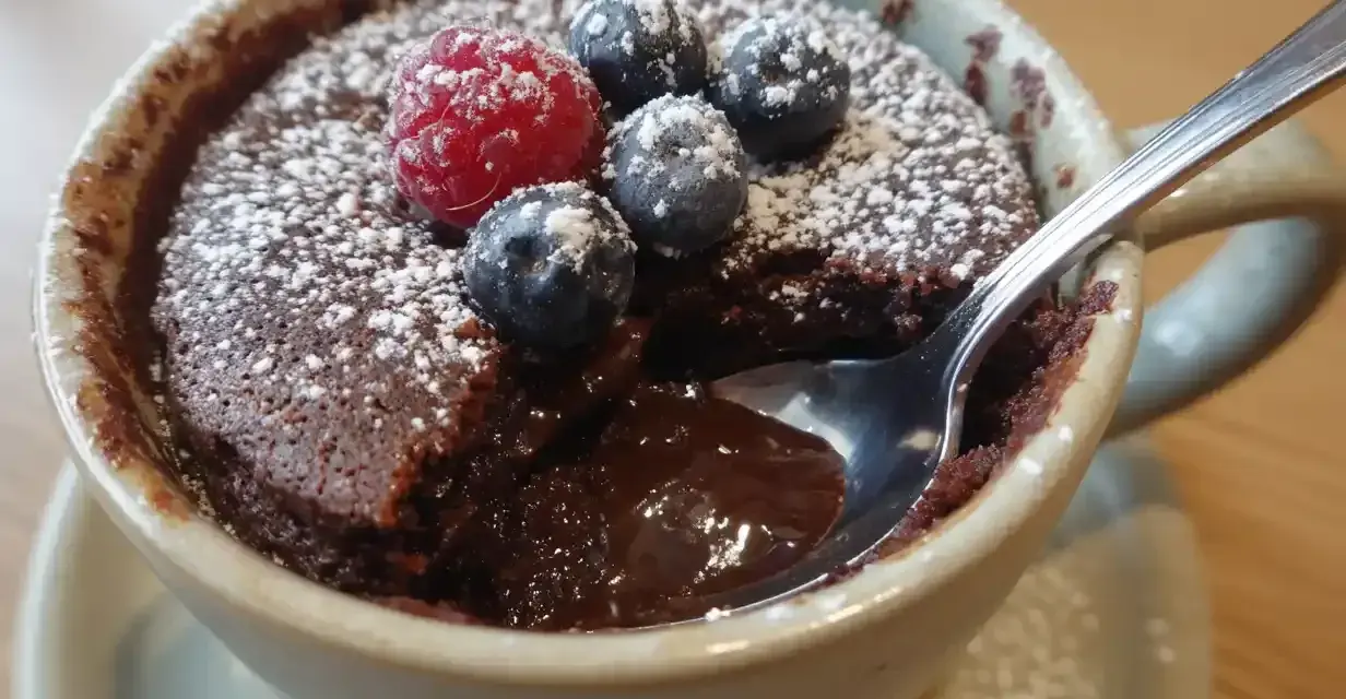 Chokladig mug cake med hallon och blåbär, pudrad med florsocker. En sked dyker ner i den rinnande chokladen.