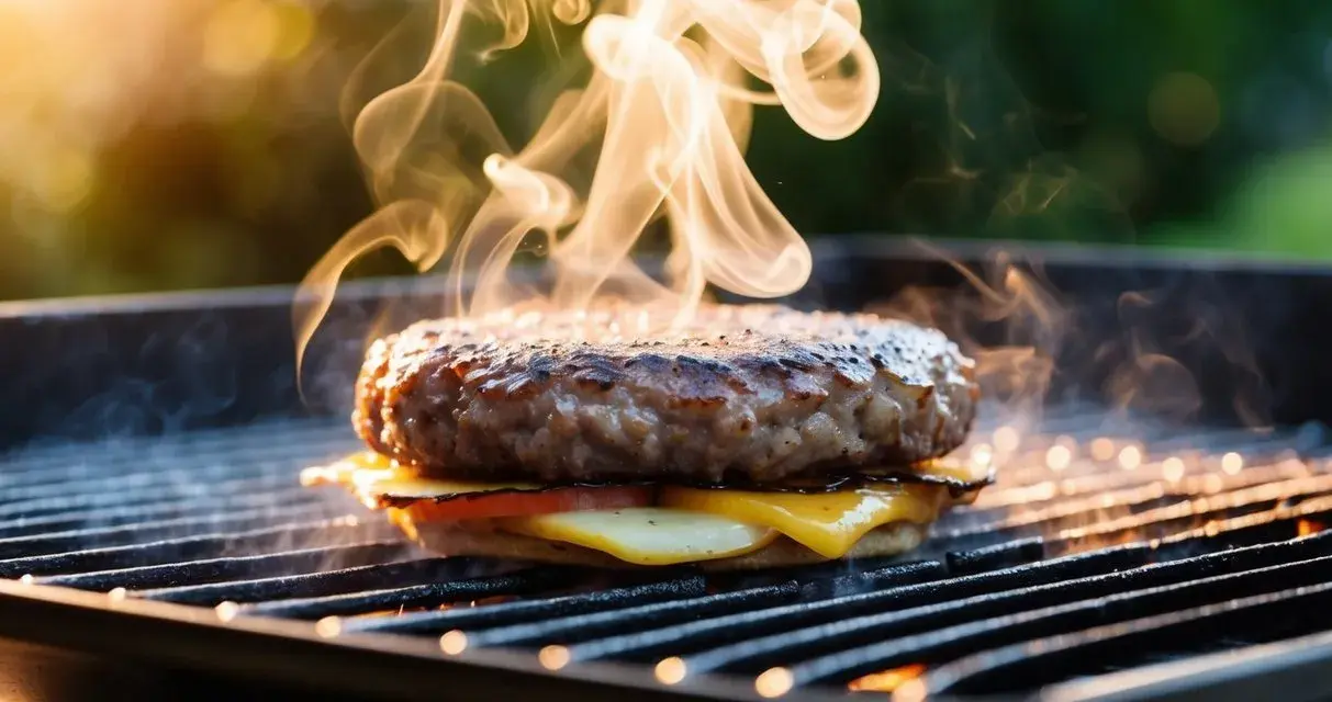 En saftig hamburgare med smält ost och tomat grillas. Röken stiger och indikerar perfekt hamburgare temperatur.