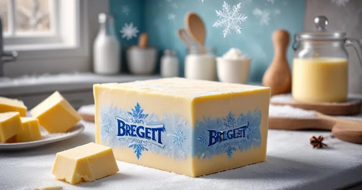 En stor bit Bregott ligger på ett snöigt köksbord. Frågan är: kan man frysa bregott? Snöflingor faller i bakgrunden.