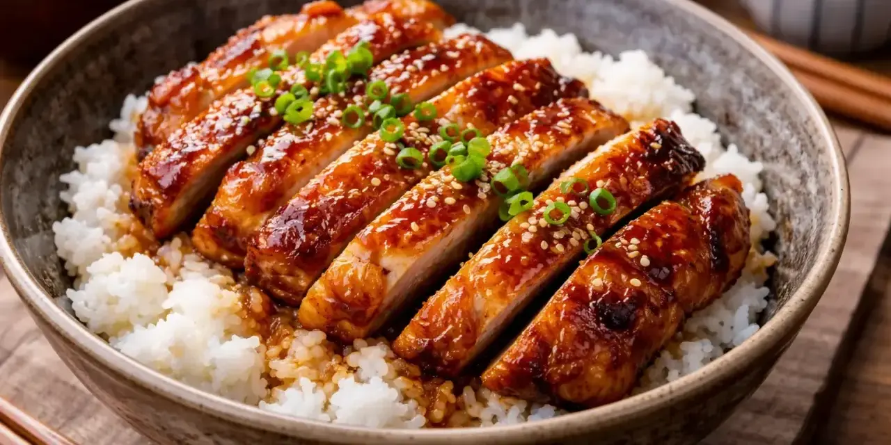 En skål med fluffigt ris toppad med saftig, glaserad teriyaki kyckling, garnerad med sesamfrön och grön lök.
