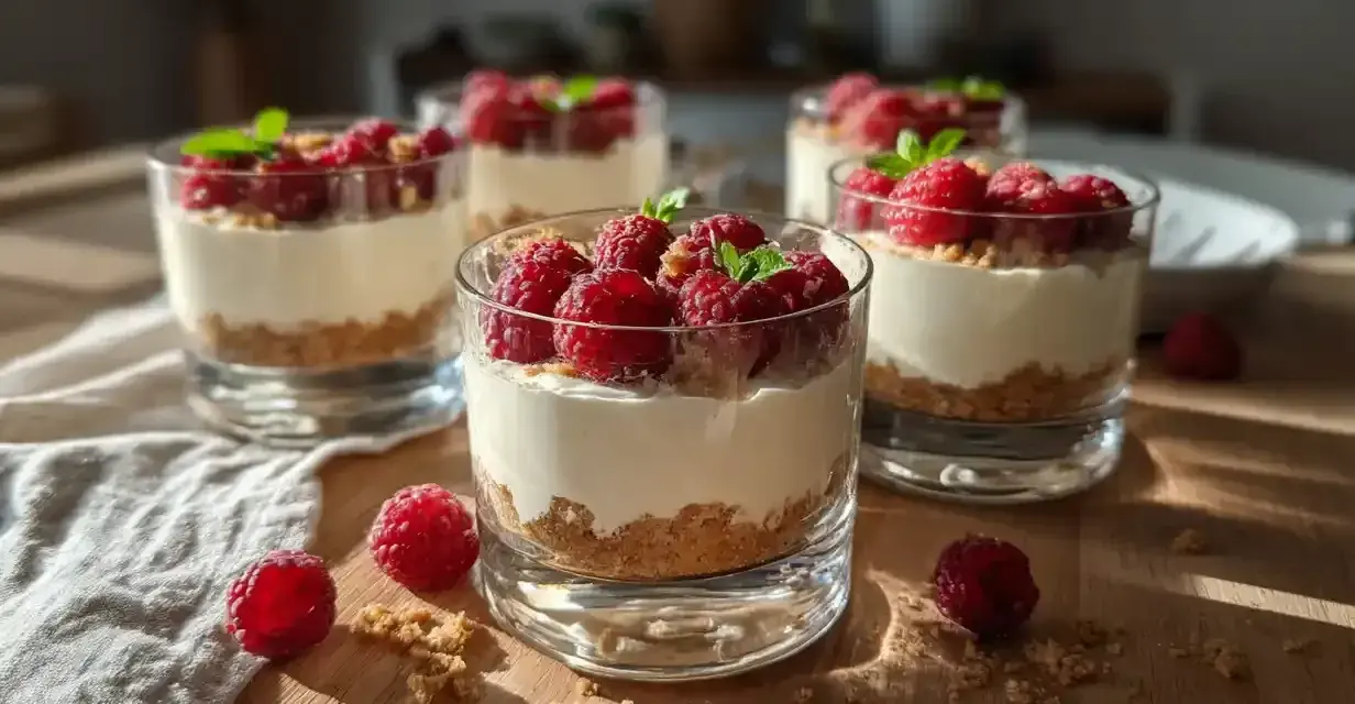 Fluffig cheesecake i glas med hallon och mynta. En perfekt sommardessert som ser lika god ut som den smakar.