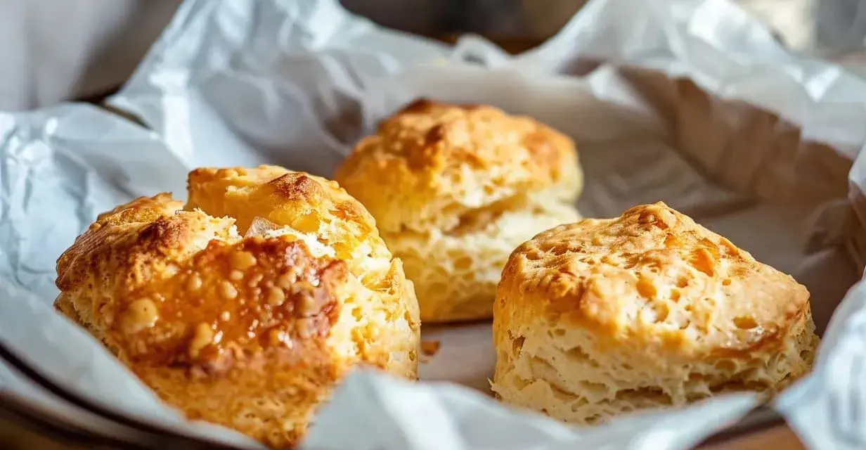 Tre gyllene scones, perfekt att baka i airfryer, ligger på vitt bakplåtspapper i en korg.