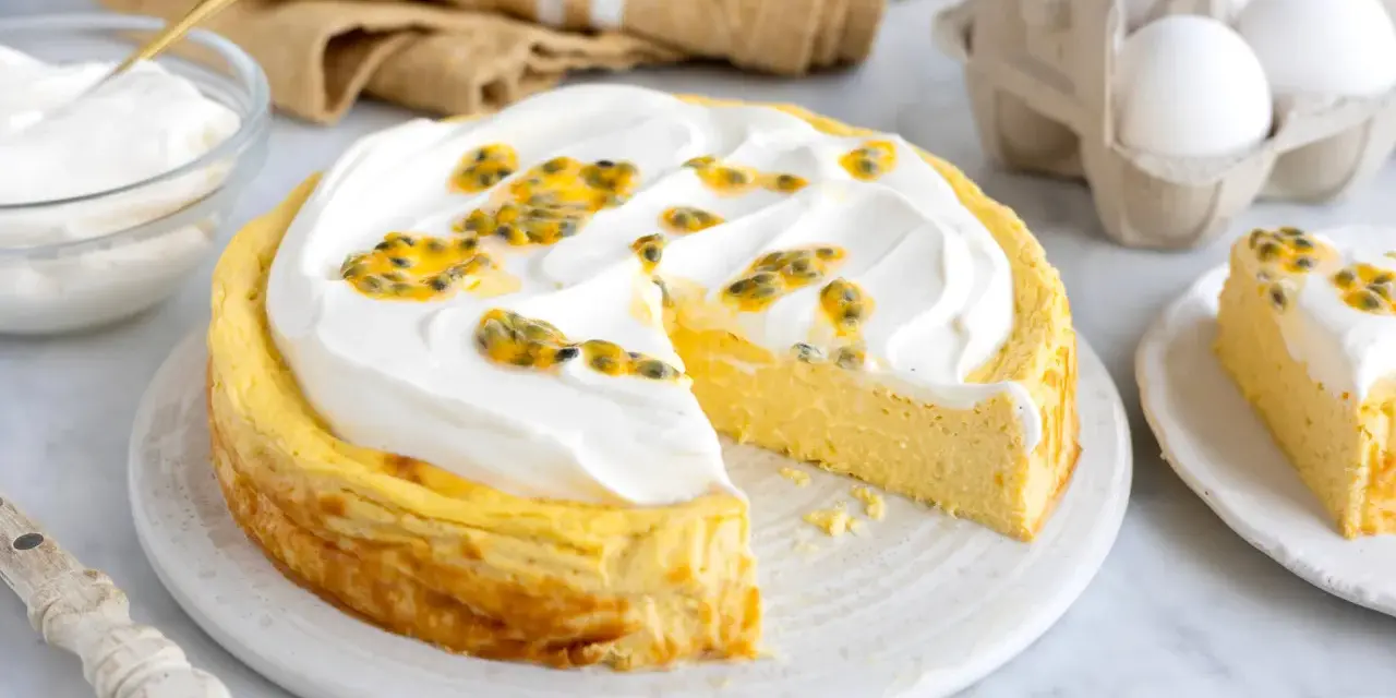 En krämig mango cheesecake med fluffig topping och passionsfrukt. En bit är redan uppskuren.