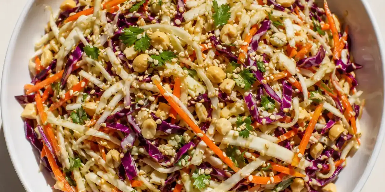 En fräsch asiatisk kålsallad med strimlad vit och rödkål, morötter, jordnötter och sesamfrön.