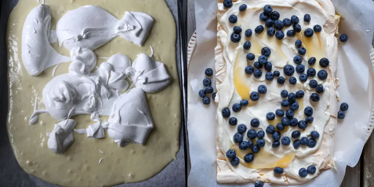 En pinocchiotårta med lemoncurd och blåbär. Till vänster, smeten med marängtoppar. Till höger, färdig tårta.