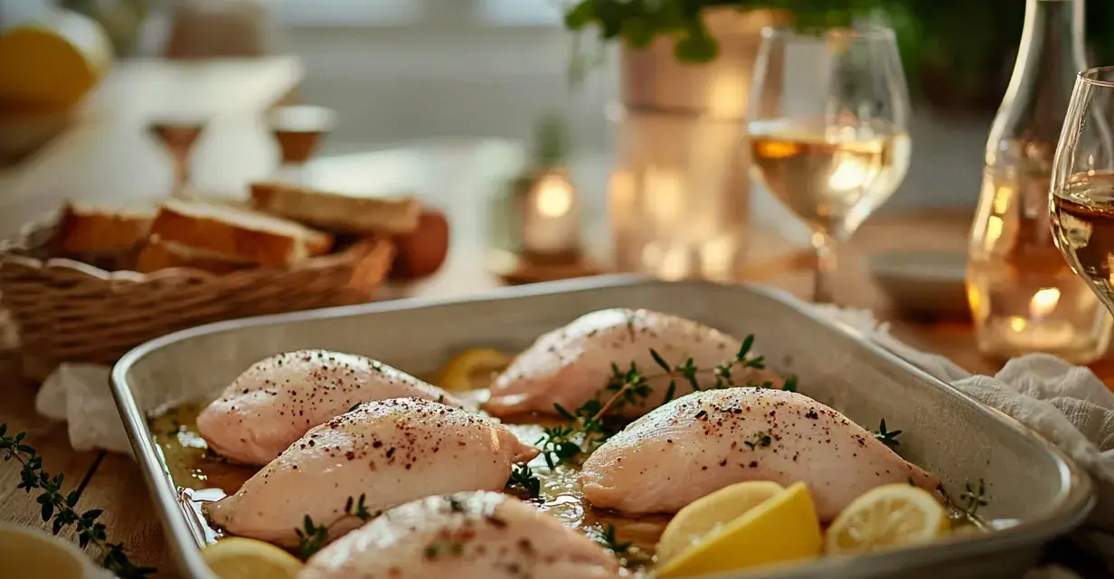 Fryst kyckling i ugnsform med citron och örter, redo att tillaga. Vinet står uppdukat för en mysig middag.