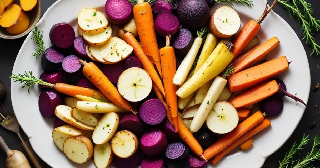 En härlig tallrik med ugnsrostade rotfrukter: morötter, potatis, rödlök och palsternacka. En perfekt rotfrukter lista för en hälsosam måltid.