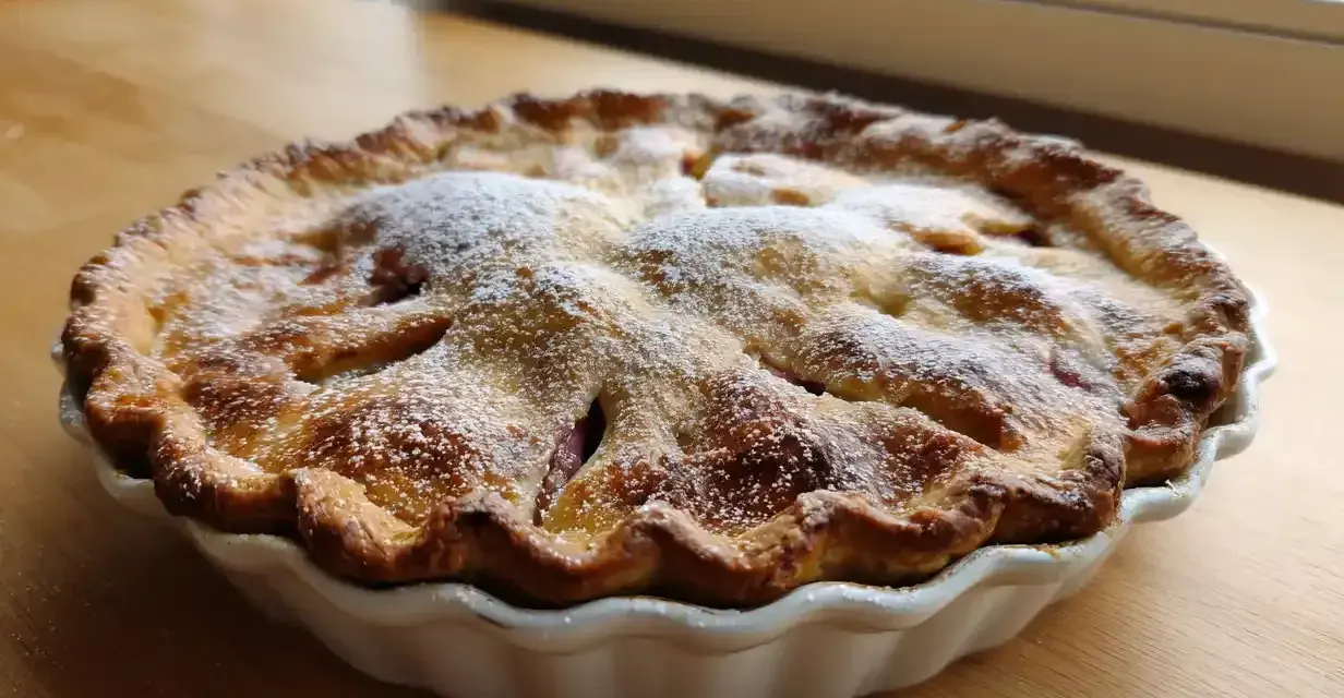 En gyllene rabarberpaj med kardemumma, pudrad med florsocker, står på ett träbord.