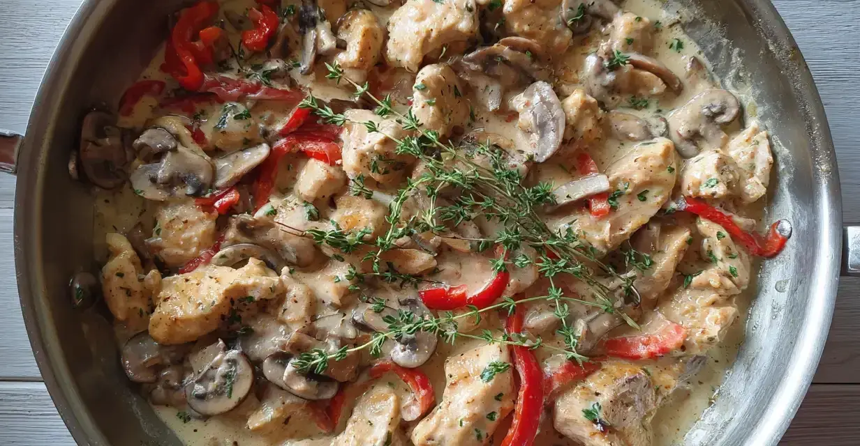 Kyckling i krämig sås med champinjoner och paprika, toppad med färsk timjan. En härlig kyckling creme fraiche-rätt.