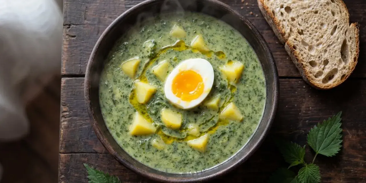Varm, grön nässelsoppa med potatis och ett perfekt kokt ägg. Serveras med en bit rustikt bröd.