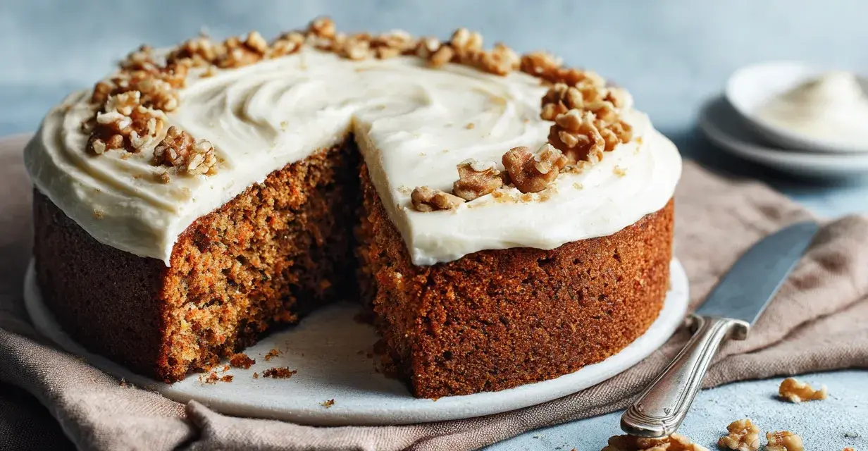 En saftig morotskaka utan socker, toppad med krämig frosting och valnötter. Perfekt för en hälsosam fika.