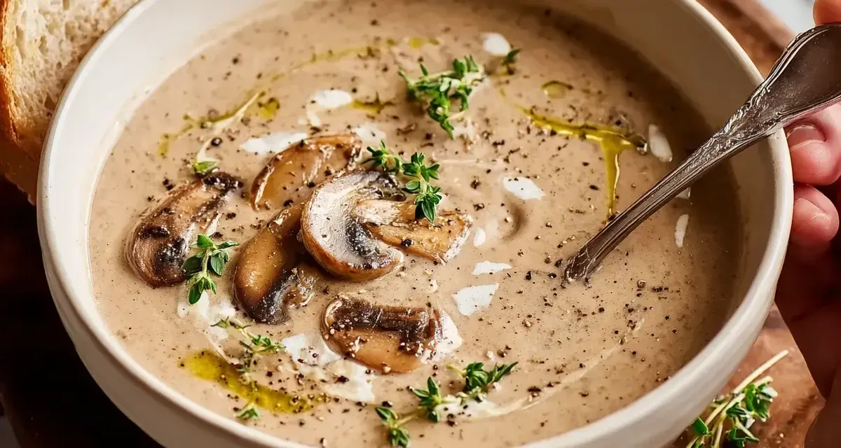 Krämig svart trumpetsvamp soppa med champinjoner, örter och en skiva bröd.