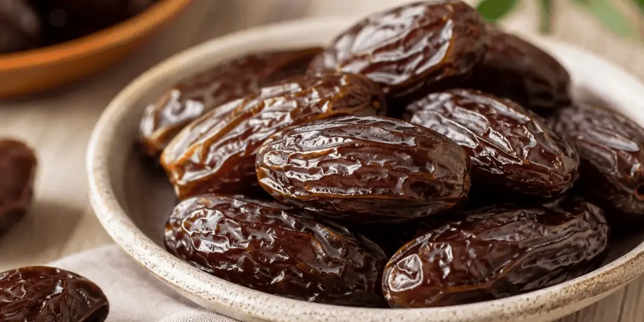 En skål med dadlar, en naturligt nyttig energikälla.