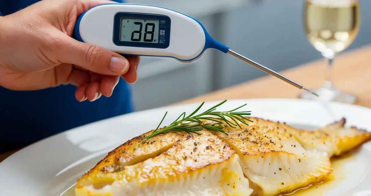 En hand håller en digital termometer som mäter torskens temperatur, 38 grader.