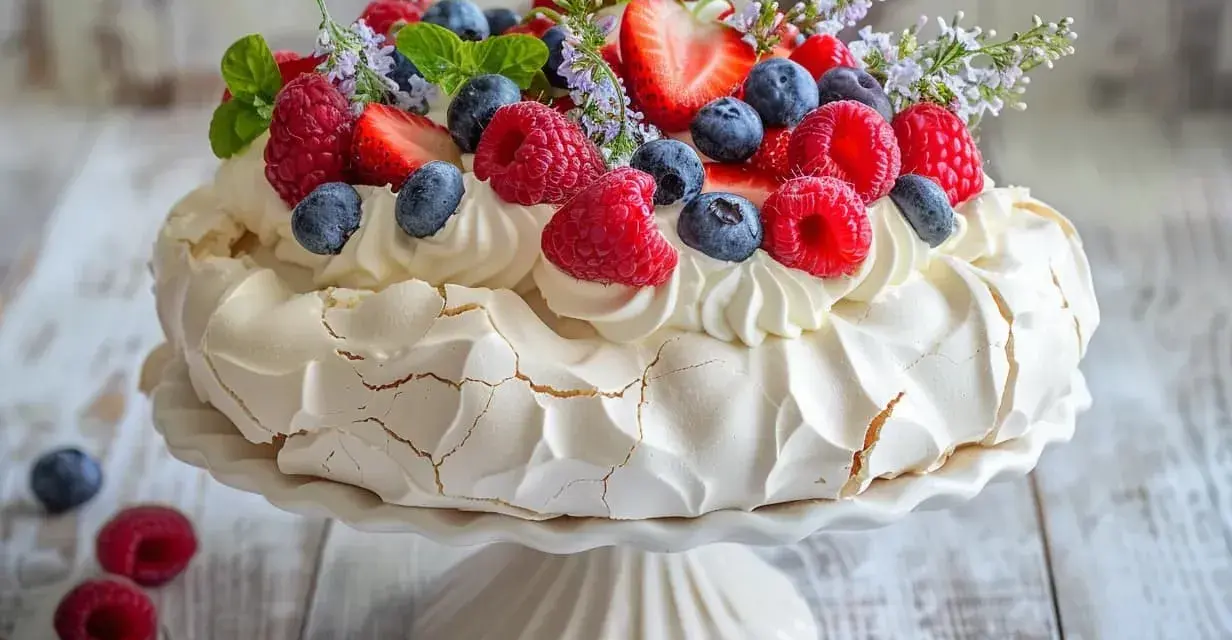Vacker pavlova med grädde och färska bär, perfekt att dekorera tårta med.