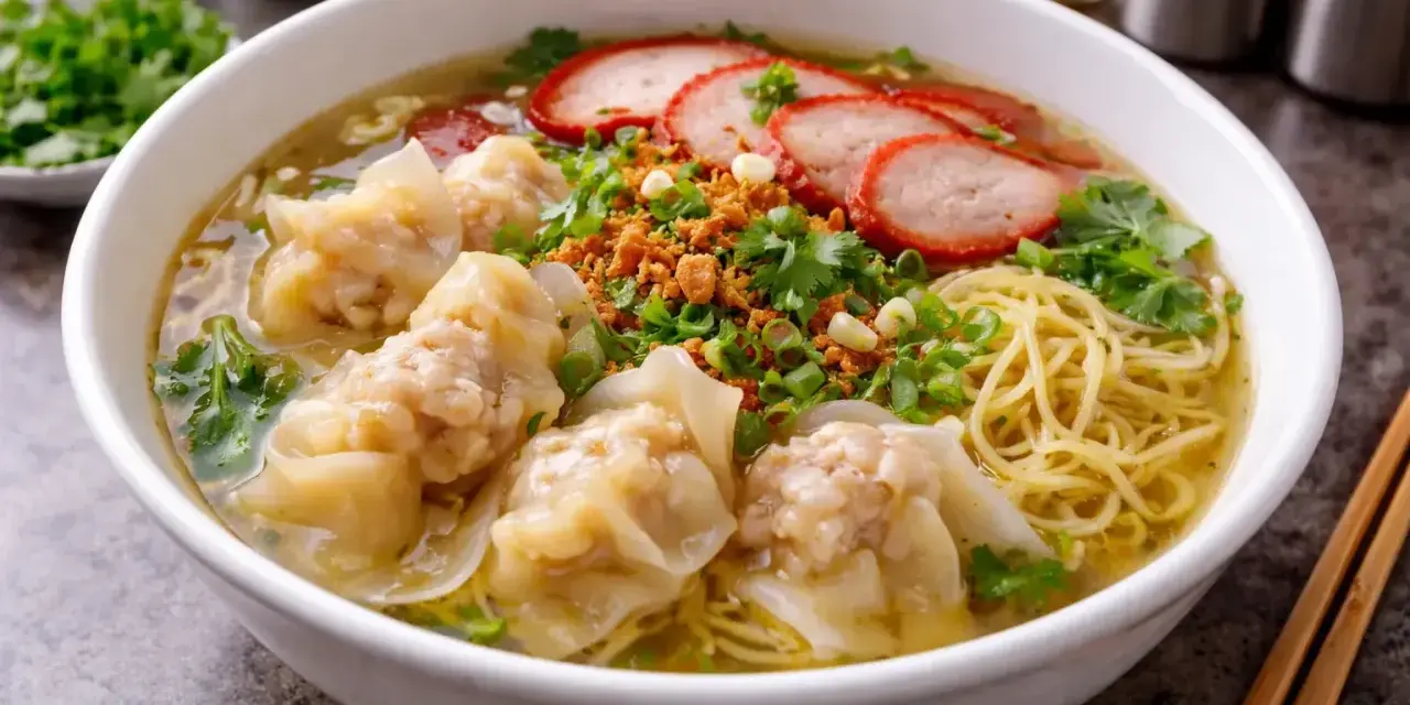 En skål med nudlar, wontons, skivat fläsk och grönsaker. Perfekt för att avgöra hur mycket soppa per person.
