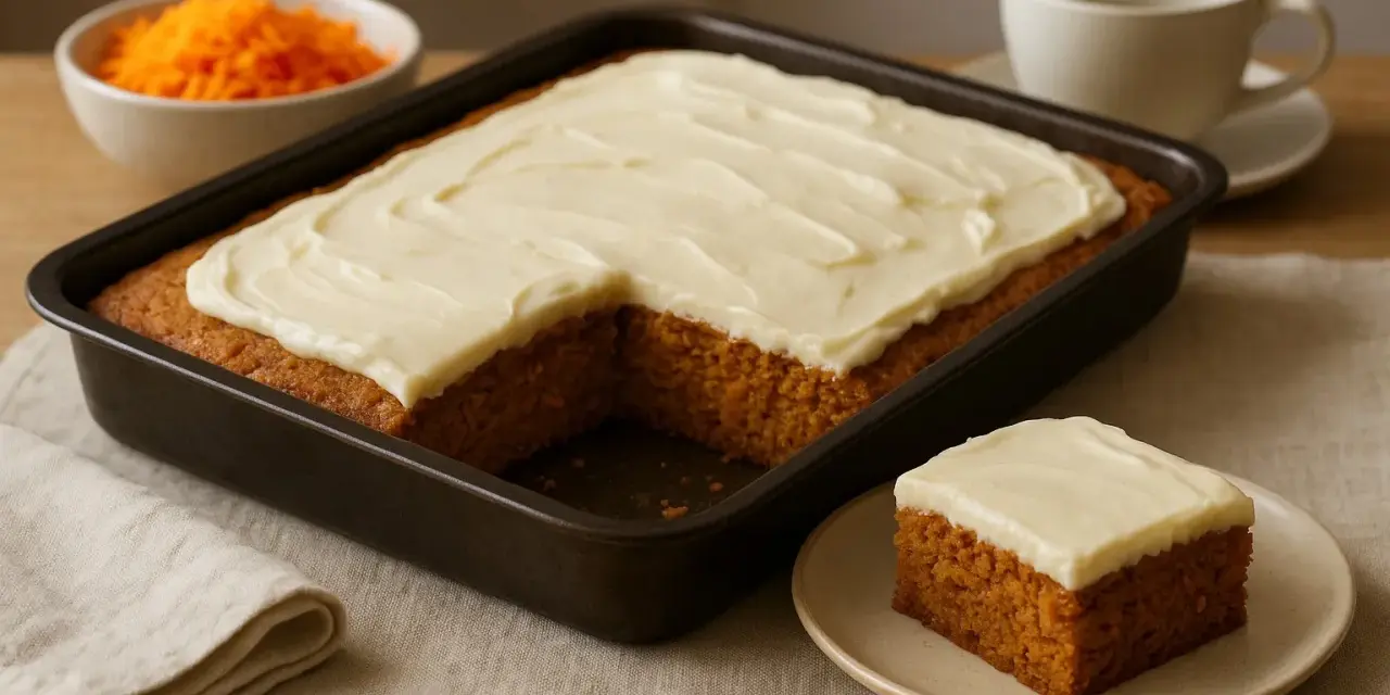 A rectangular carrot cake with white frosting in a baking pan, with a slice on a plate and a bowl of shredded carrots.
