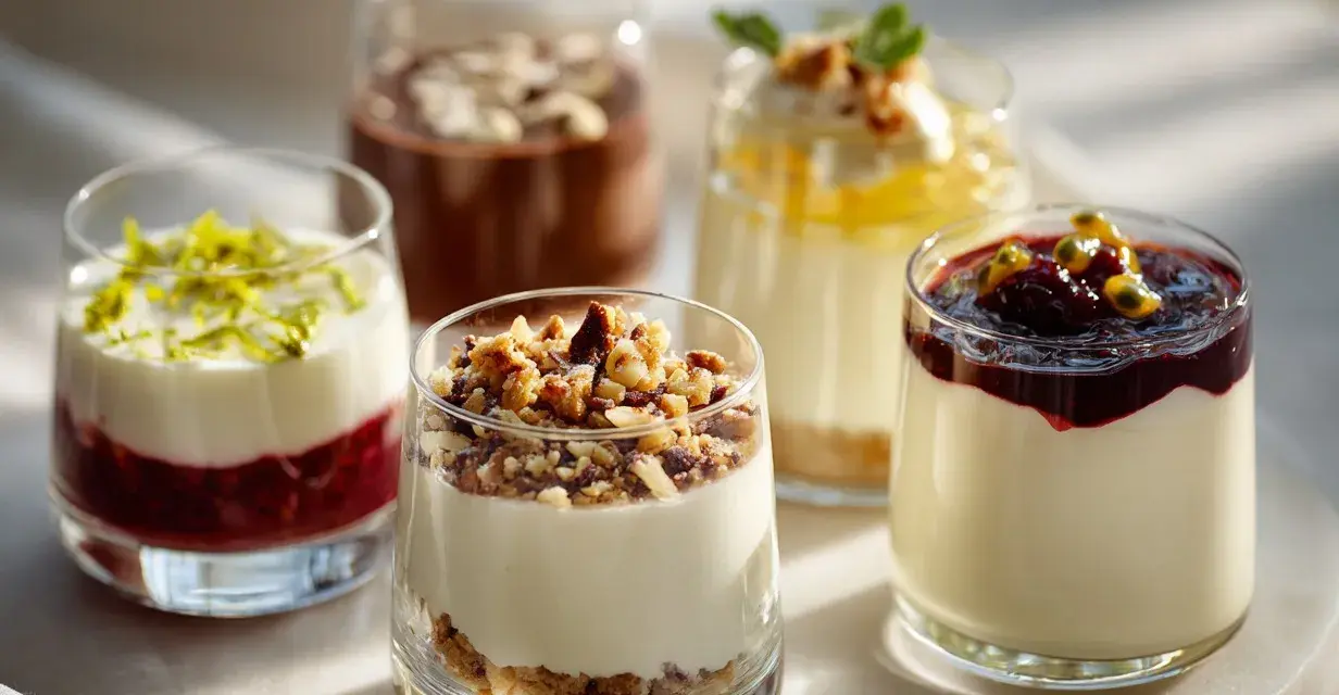 Fem olika dessert i glas, med lager av frukt, kräm och nötter. En fest för ögat och gommen.