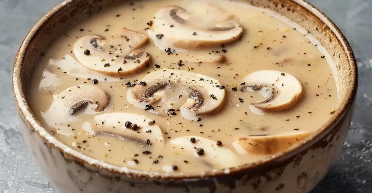 A bowl of creamy mushroom soup with sliced mushrooms and black pepper.