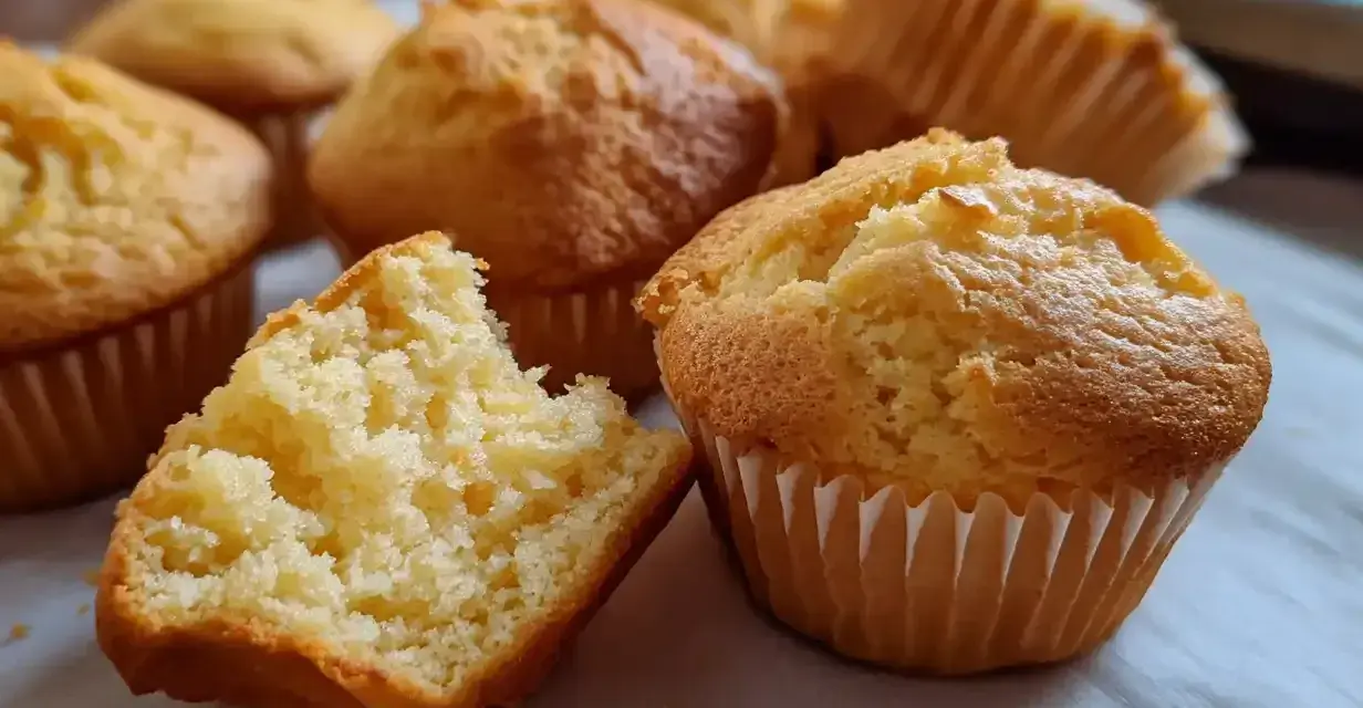 Gyllene muffins, perfekta för ett glutenfritt fika. En är uppdelad och visar en fluffig insida.